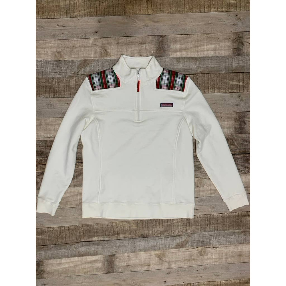 Vineyard Vines Women's 1/4 Zip Pullover Cream and Plaid Size M